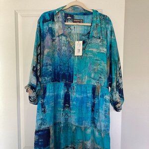 NWT 3x Johnny Was Silk Watercolor Abstract Tiered Dress with Long Sleeves